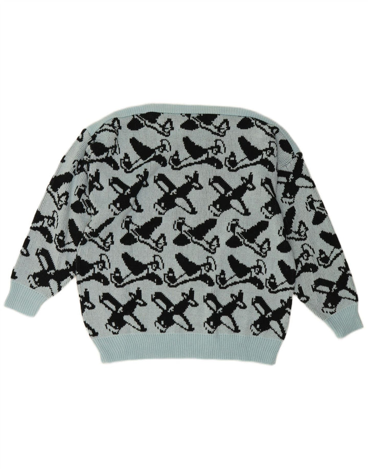 Pulover de damă vintage cu model abstract cu gâtul cu barca EU 40 albastru mediu