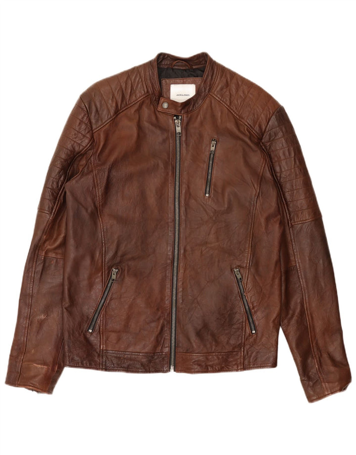 Jack & Jones Jachetă pentru motociclist din piele pentru bărbați UK 40 Mare, maro, din piele