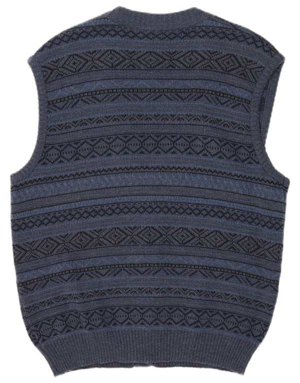 Cardigan Vintage fără mâneci pentru bărbați, lână Fair Isle, albastru mare