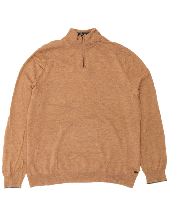 White Stuff Pulover pentru bărbați cu fermoar și gât, 2XL, lână maro