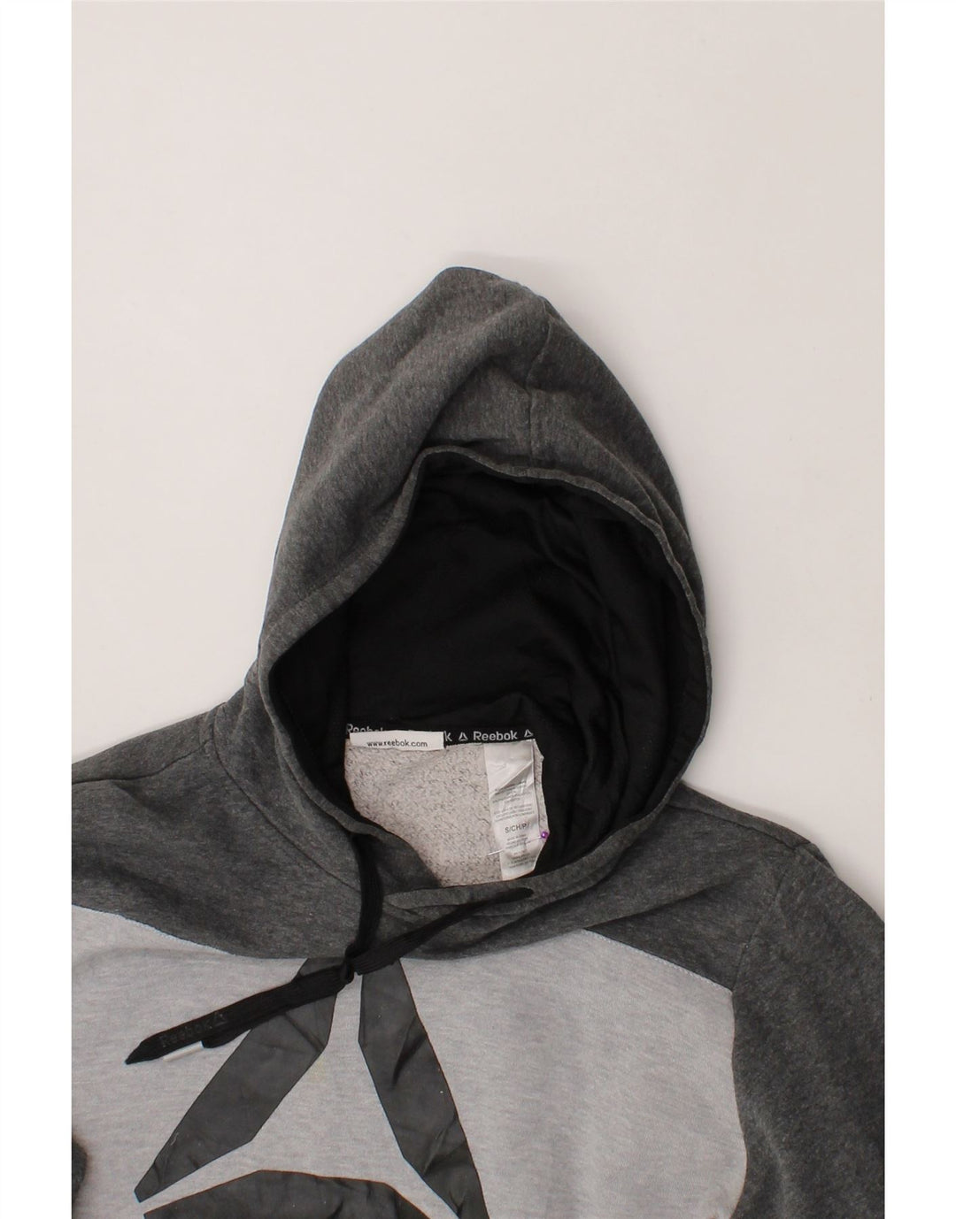 REEBOK Mens Graphic Hoodie Jumper Small Grey Colourblock Vintage Reebok and Second-Hand Reebok from Messina Hembry 