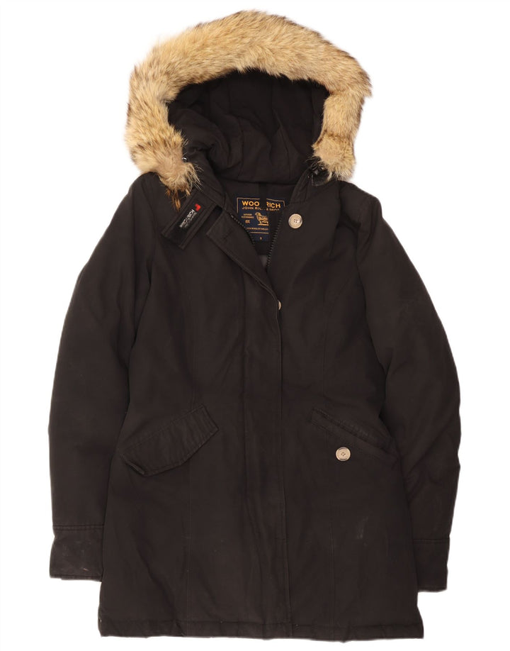 Jachetă căptușită cu glugă Woolrich pentru femei UK 10, bumbac negru mic