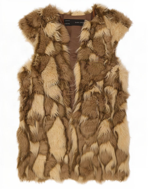 Gilet cu blană artificială deschisă pentru femei Zara UK 12 Medium Bej Animal Print