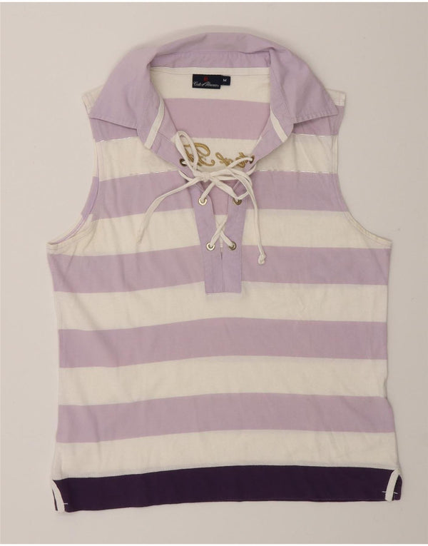 Conte of Florence Womens Graphic Polo Shirt UK 14 Medium Purple Striped