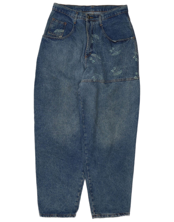 Blugi largi de damă vintage cu talie înaltă Mici W27 L30 Bumbac floral albastru