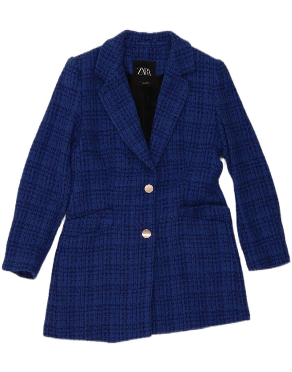 Blazer pentru femei Zara, cu 2 nasturi, UK 10, bumbac cu carouri albastre mici