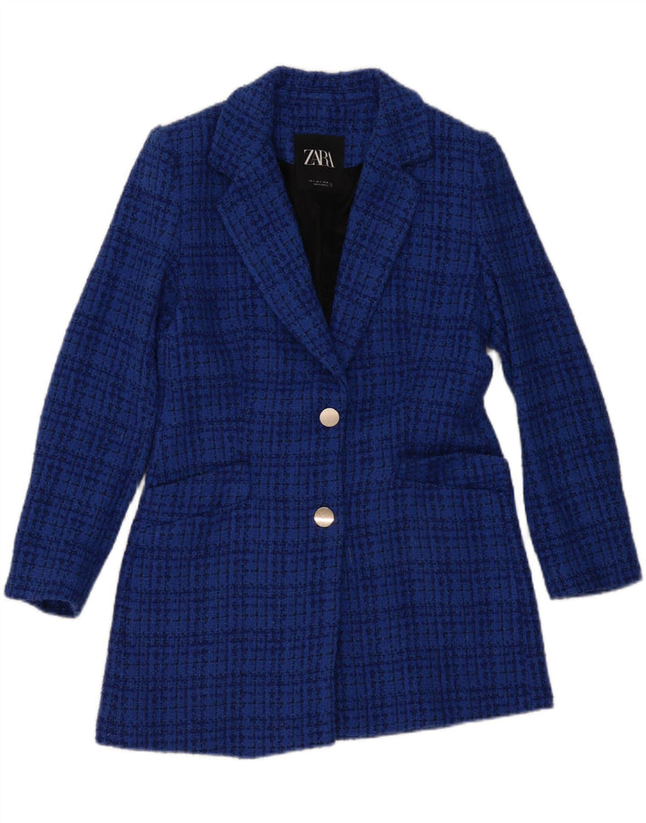 Blazer pentru femei Zara, cu 2 nasturi, UK 10, bumbac cu carouri albastre mici