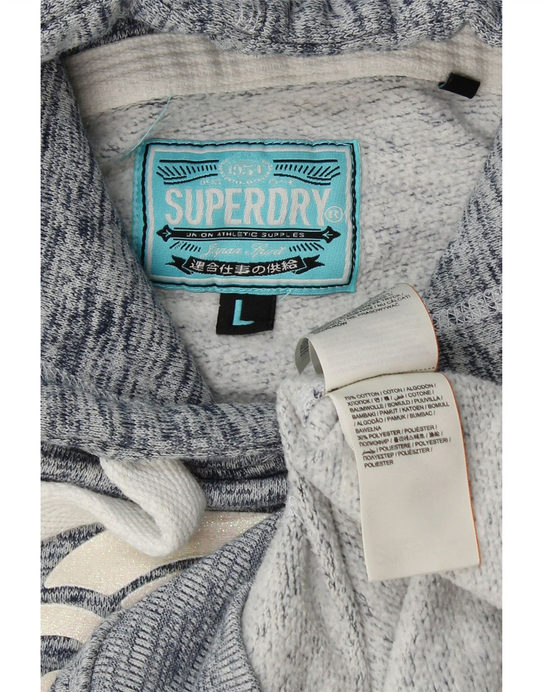 SUPERDRY Pulover cu glugă cu grafic pentru femei UK 16 mare, albastru marin, bumbac cu pete