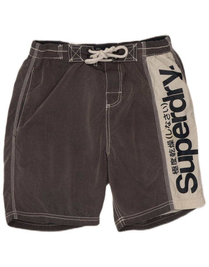 Pantaloni scurți de înot grafic Superdry pentru bărbați, bumbac color bloc, gri mediu