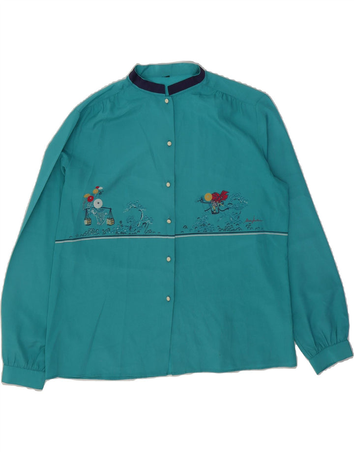 VINTAGE Womens Graphic Shirt Blouse UK 16 Large Blue Polyester Vintage Vintage and Second-Hand Vintage from Messina Hembry 