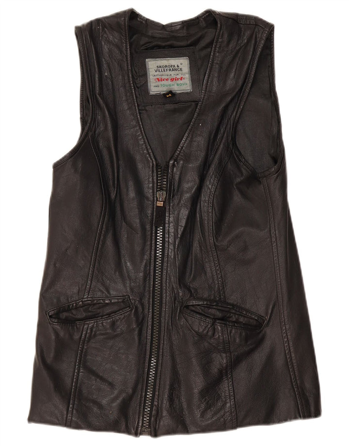 Gilet din piele vintage pentru femei UK 12 Medium Black Leather