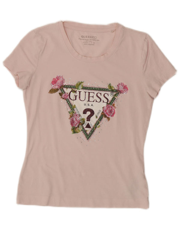 Tricou grafic Guess pentru femei Top UK 10 Small Pink Floral Bumbac