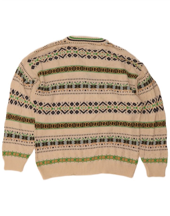Pulover vintage pentru bărbați cu decolteu în V, bumbac geometric alb mediu
