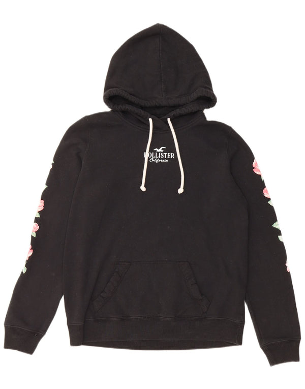 Hollister Womens Graphic Hoodie Jumper UK 14 Medium Black Floral Cotton