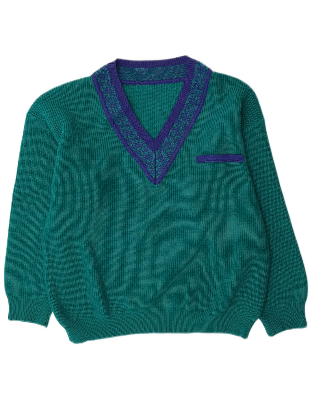 Pulover vintage pentru bărbați cu decolteu în V, lână geometrică, verde mare