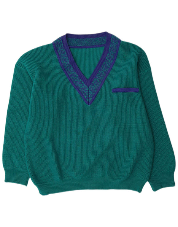 Pulover vintage pentru bărbați cu decolteu în V, lână geometrică, verde mare