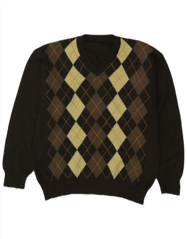 Pulover vintage pentru bărbați cu decolteu în V, verde mediu Argyle/Diamond