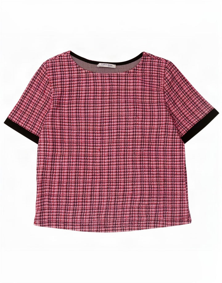 Zara Womens Crop Bluse Top UK 12 Medium Pink Check Poliester