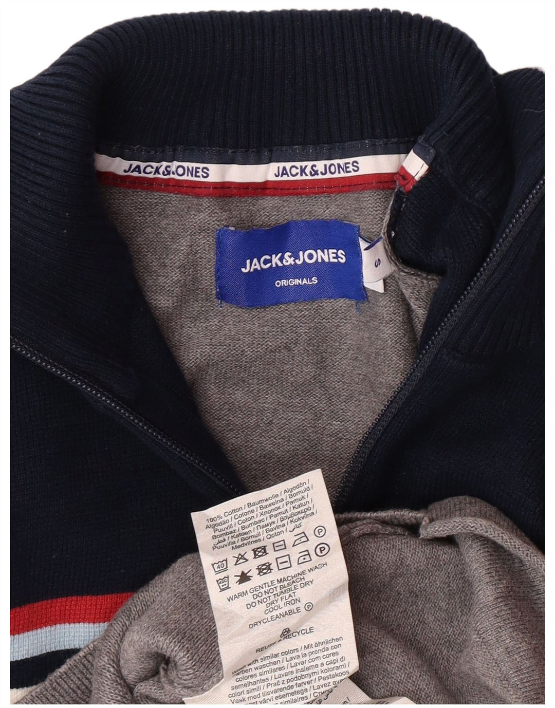 JACK & JONES Pulover pentru bărbați, cu grafică, cu fermoar, cu gât, colorat mic, gri