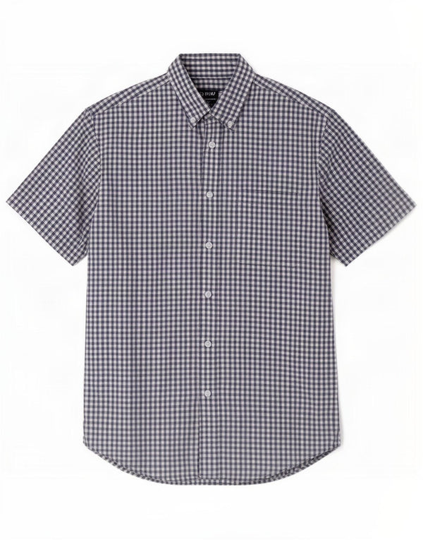 Orvis Mens Short Sleeve Shirt Medium Navy Blue Gingham Cotton
