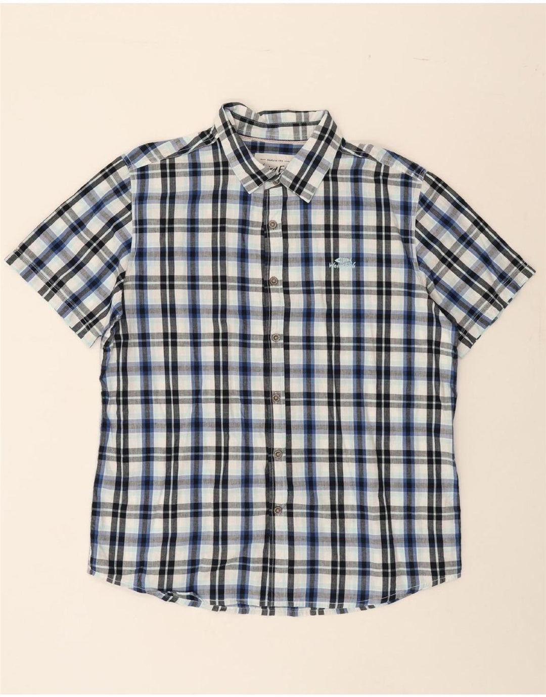 WEIRD FISH Mens Short Sleeve Shirt Large Blue Check Cotton Vintage Weird Fish and Second-Hand Weird Fish from Messina Hembry 