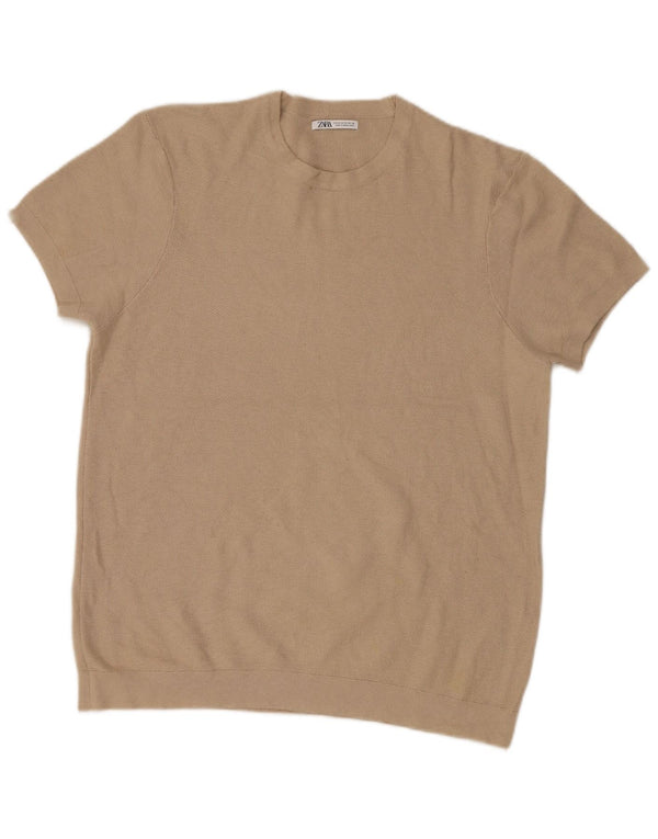 Zara Mens Short Sleeve Crew Neck Jumper Sweater Medium Beige