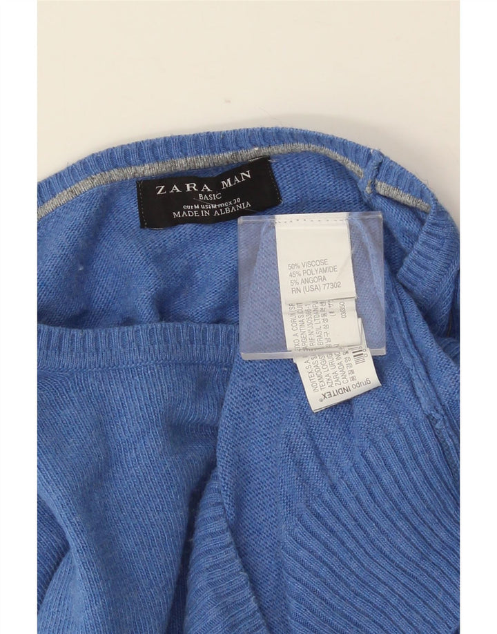 Pulover ZARA pentru bărbați cu gât crew, viscoză albastră medie