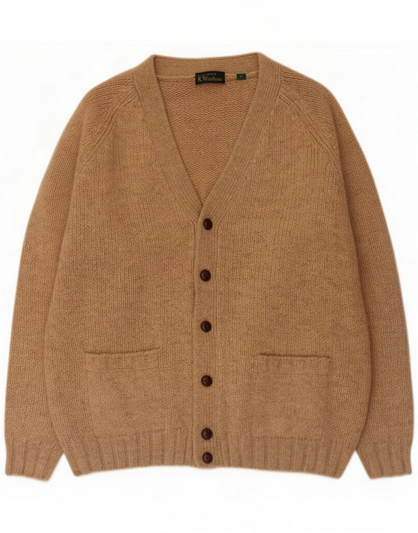 Vintage Mens Loose Fit Cardigan Pulover Mare Bej Lână