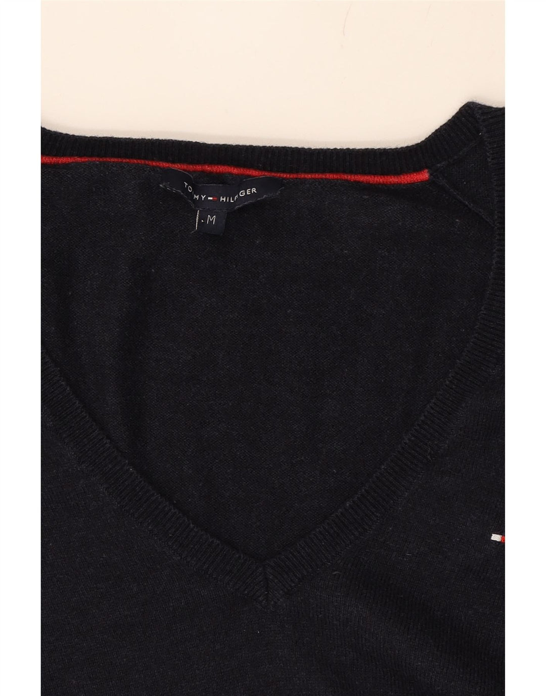 TOMMY HILFIGER Womens V-Neck Jumper Sweater UK 14 Medium Navy Blue Wool Vintage Tommy Hilfiger and Second-Hand Tommy Hilfiger from Messina Hembry 