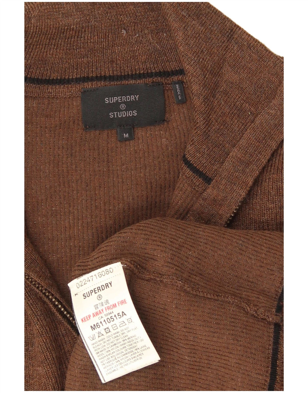 Pulover Superdry pentru bărbați, cu fermoar și gât, din lână merinos maro mediu