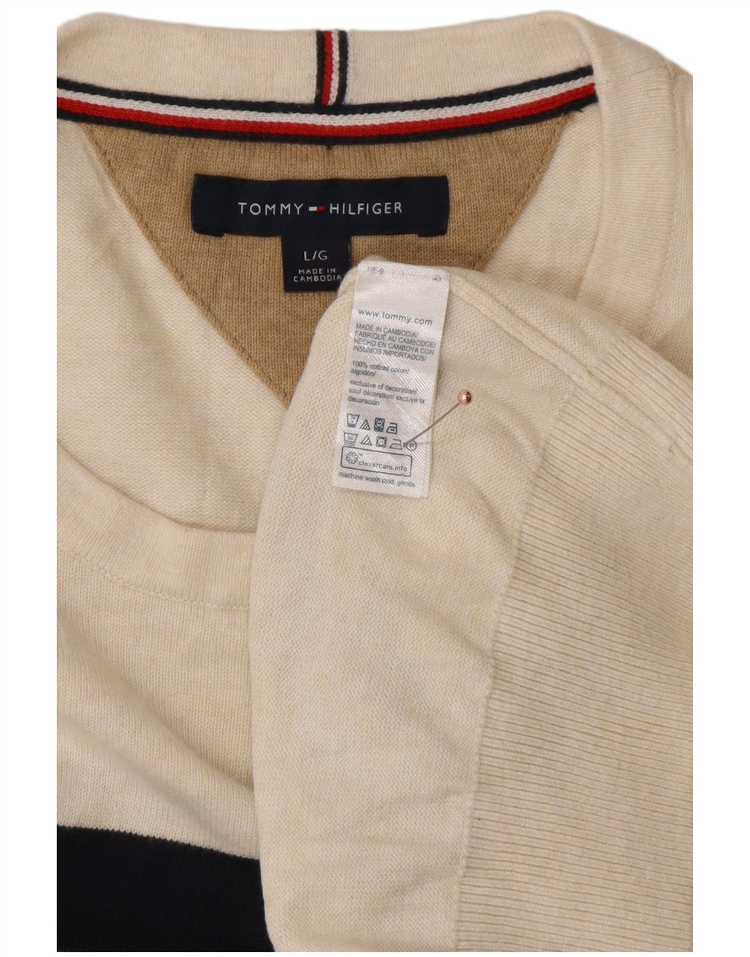 TOMMY HILFIGER Pulover pentru bărbați cu decolteu rotund, mare, cu dungi alb