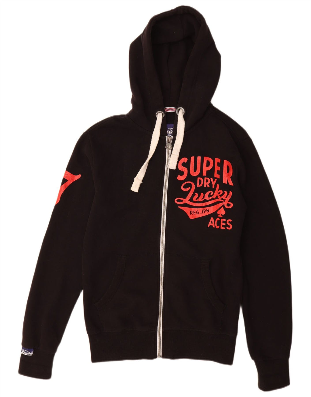 SUPERDRY Pulover cu glugă cu fermoar grafic pentru bărbați, bumbac negru mic