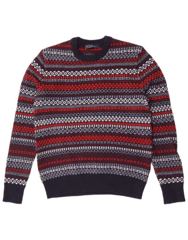 Gap Mens Crew Neck Jumper Sweater Small Navy Blue Geometric Lambswool