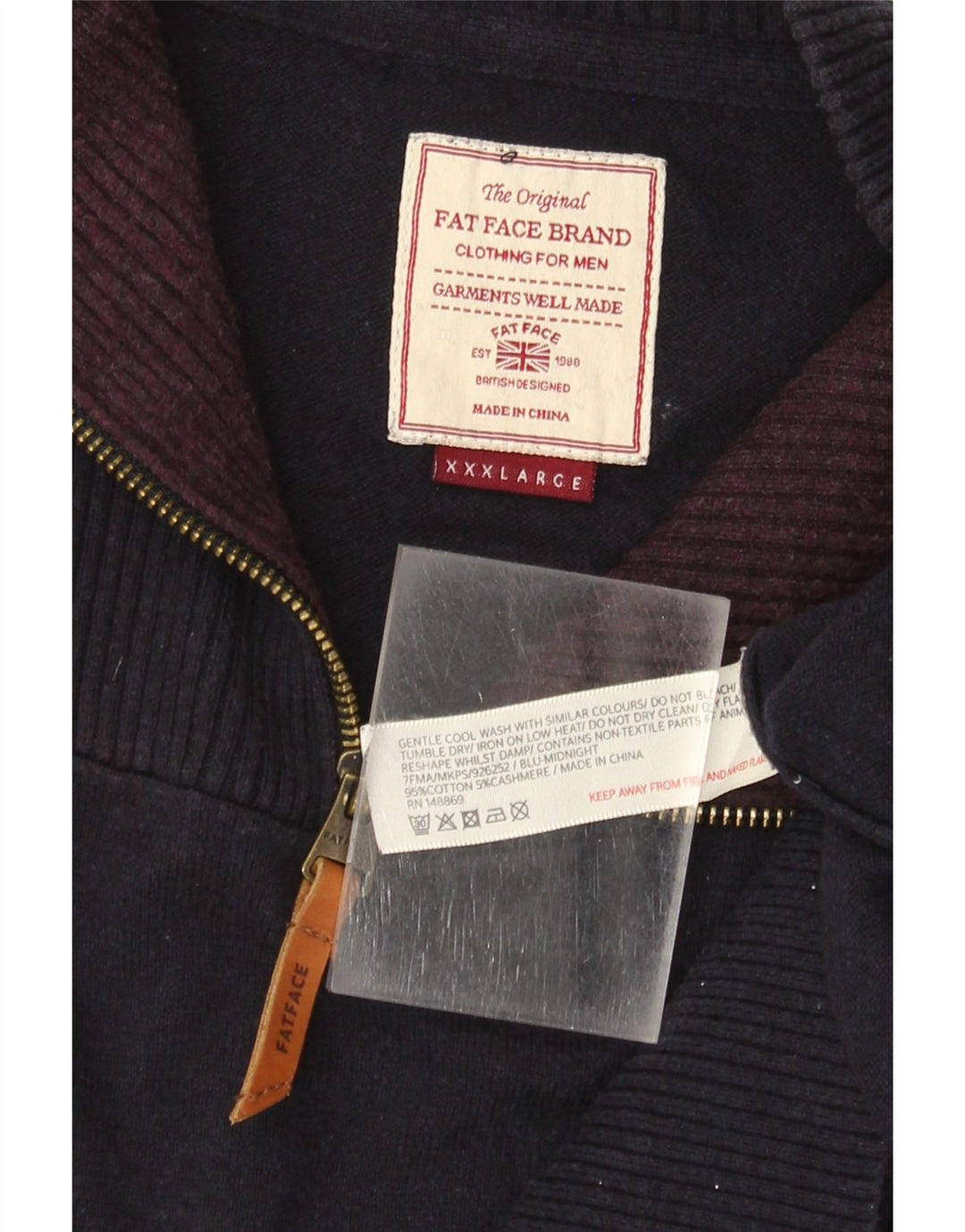 FAT FACE Pulover pentru bărbați cu fermoar și gât, bumbac bleumarin 3XL