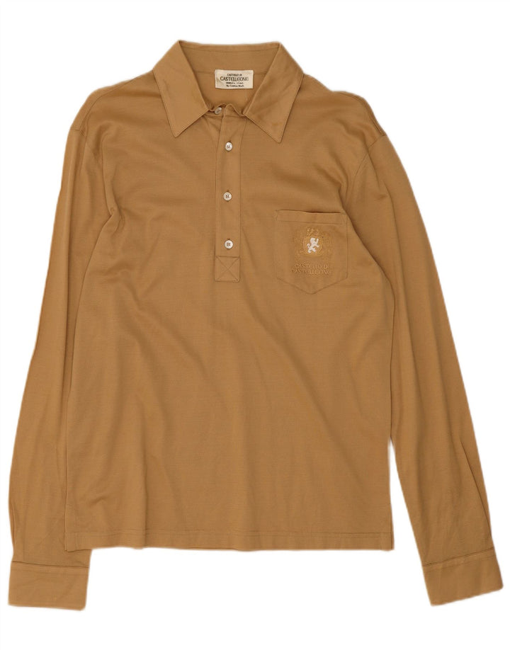 Tricou polo vintage pentru bărbați cu mânecă lungă, bej mediu