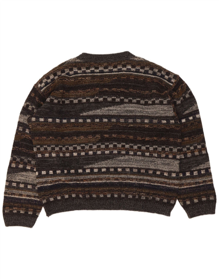 Pulover vintage pentru bărbați cu decolteu în V, lână geometrică mare, gri