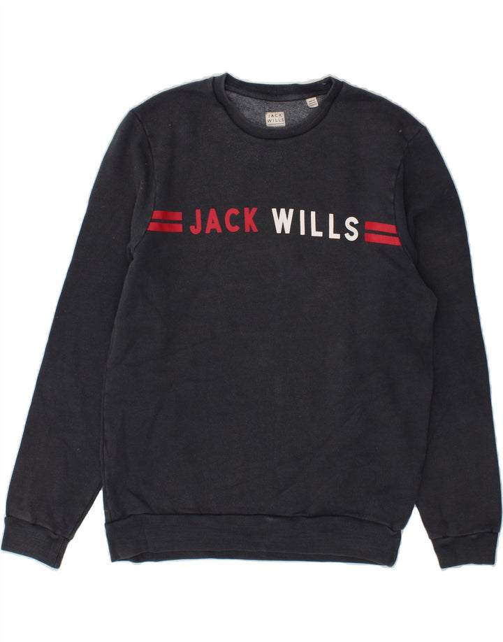 JACK WILLS Mens Graphic Sweatshirt Jumper Medium Navy Blue Cotton Vintage Jack Wills and Second-Hand Jack Wills from Messina Hembry 