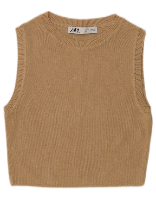 Zara femei Crop Vest Tank Top UK 8 Mic Bej Viscoza