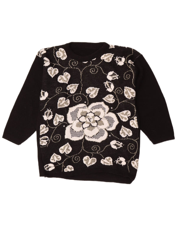 Pulover vintage pentru femei cu decolteu rotund UK 16 mare, negru, floral
