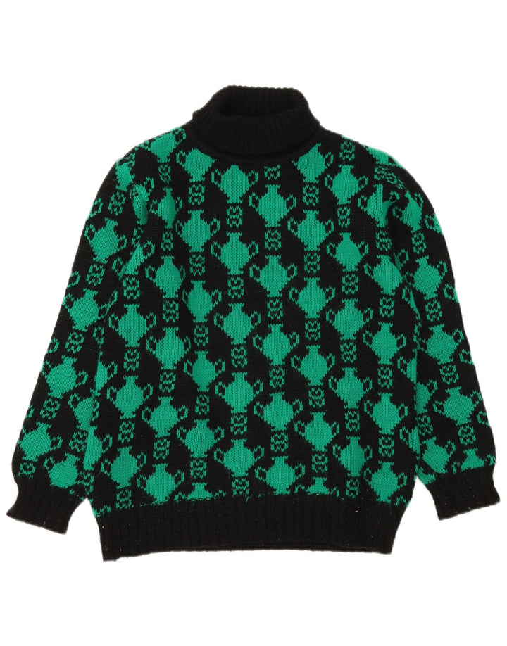 Pulover vintage pentru femei cu model abstract, pulover cu gât rulat UK 12 mediu negru