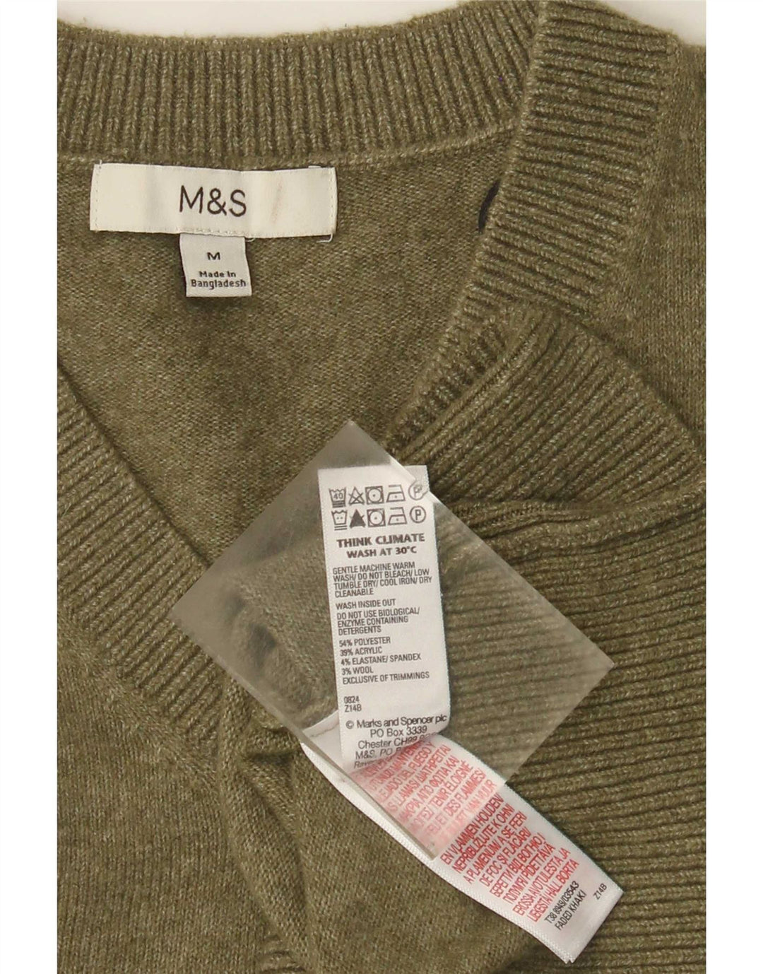 Pulover pentru bărbați Marks & Spencer, cu decolteu în V, din poliester verde mediu