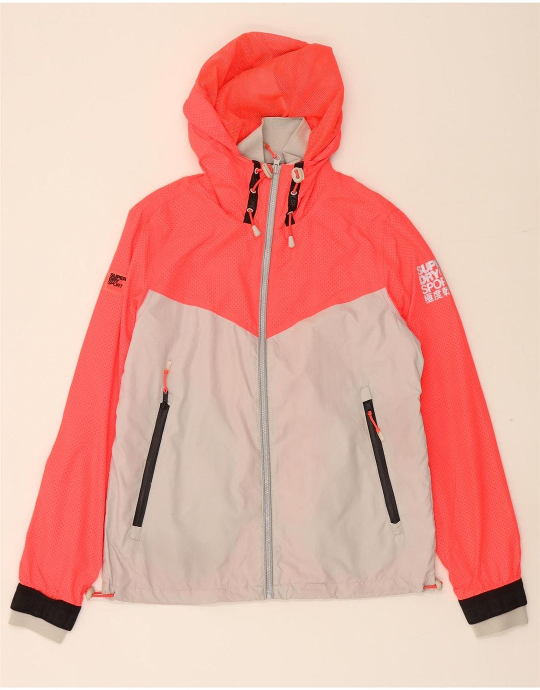 SUPERDRY Womens Graphic Hooded Rain Jacket UK 14 Medium Pink Colourblock