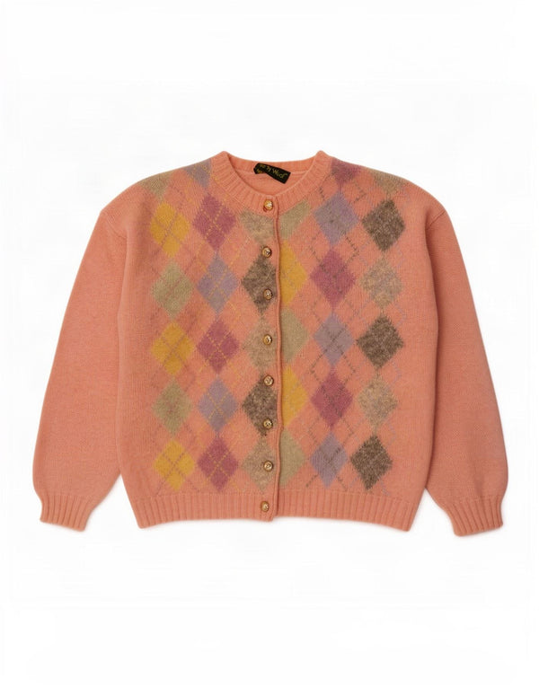 Pulover cardigan supradimensionat vintage pentru femei UK 14 Medium Pink Argyle/Diamond