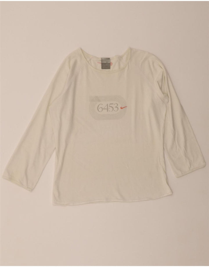 NIKE Womens Graphic Top Long Sleeve UK 14/16 Large White Vintage Nike and Second-Hand Nike from Messina Hembry 