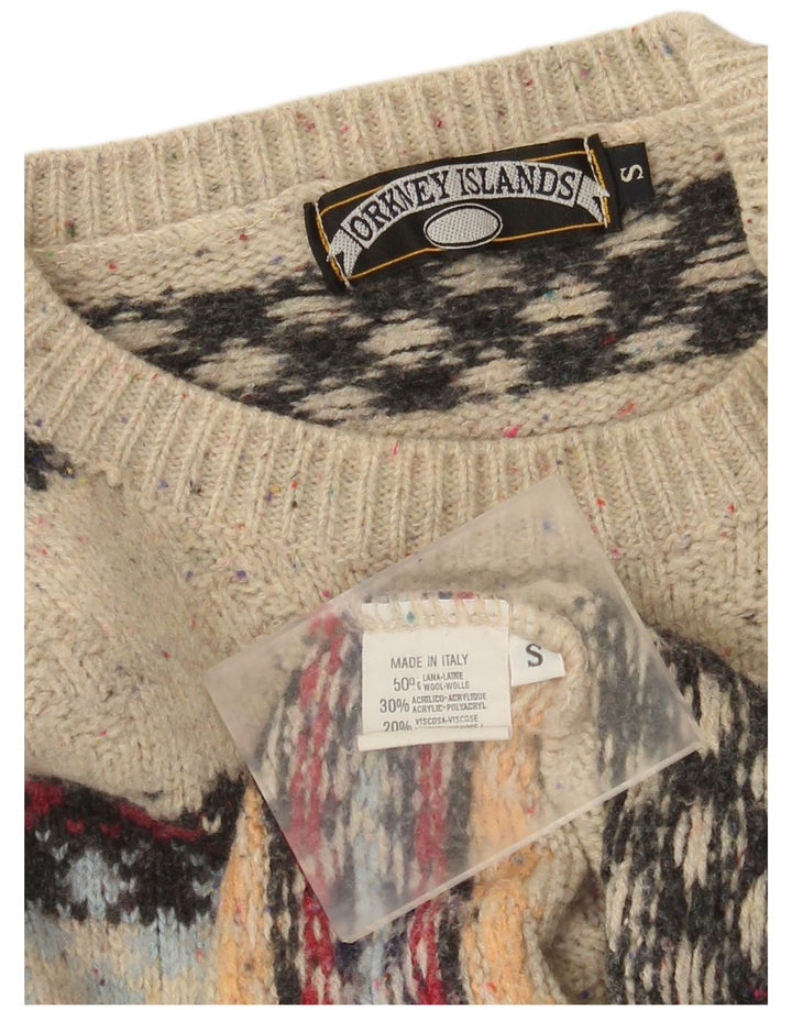 Pulover vintage pentru bărbați cu gâtul turnat, lână Fair Isle, bej mic