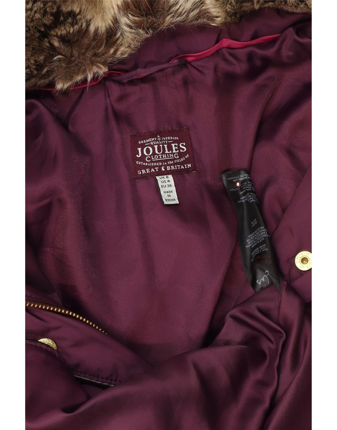 JOULES Palton căptușit cu glugă supradimensionat pentru femei UK 8 Poliester violet mic