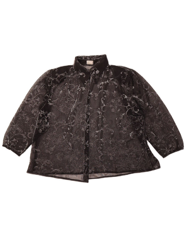 Bluză cămașă pentru femei VINTAGE cu mâneci 3/4 UK 14 Medium Black Floral