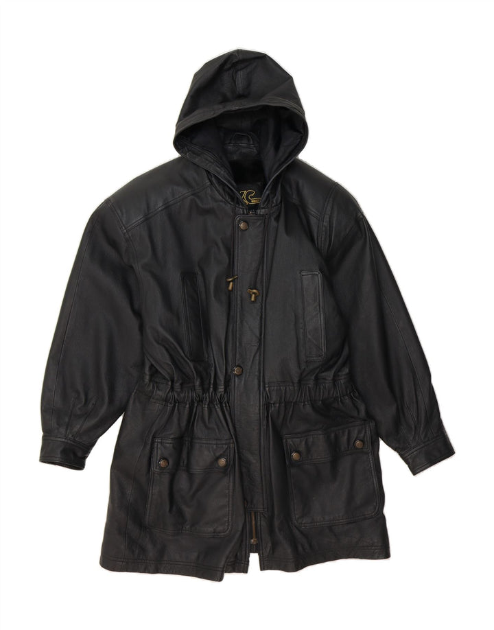 VINTAGE Womens Oversized Hooded Leather Coat UK 14 Medium Black Leather Vintage Vintage and Second-Hand Vintage from Messina Hembry 