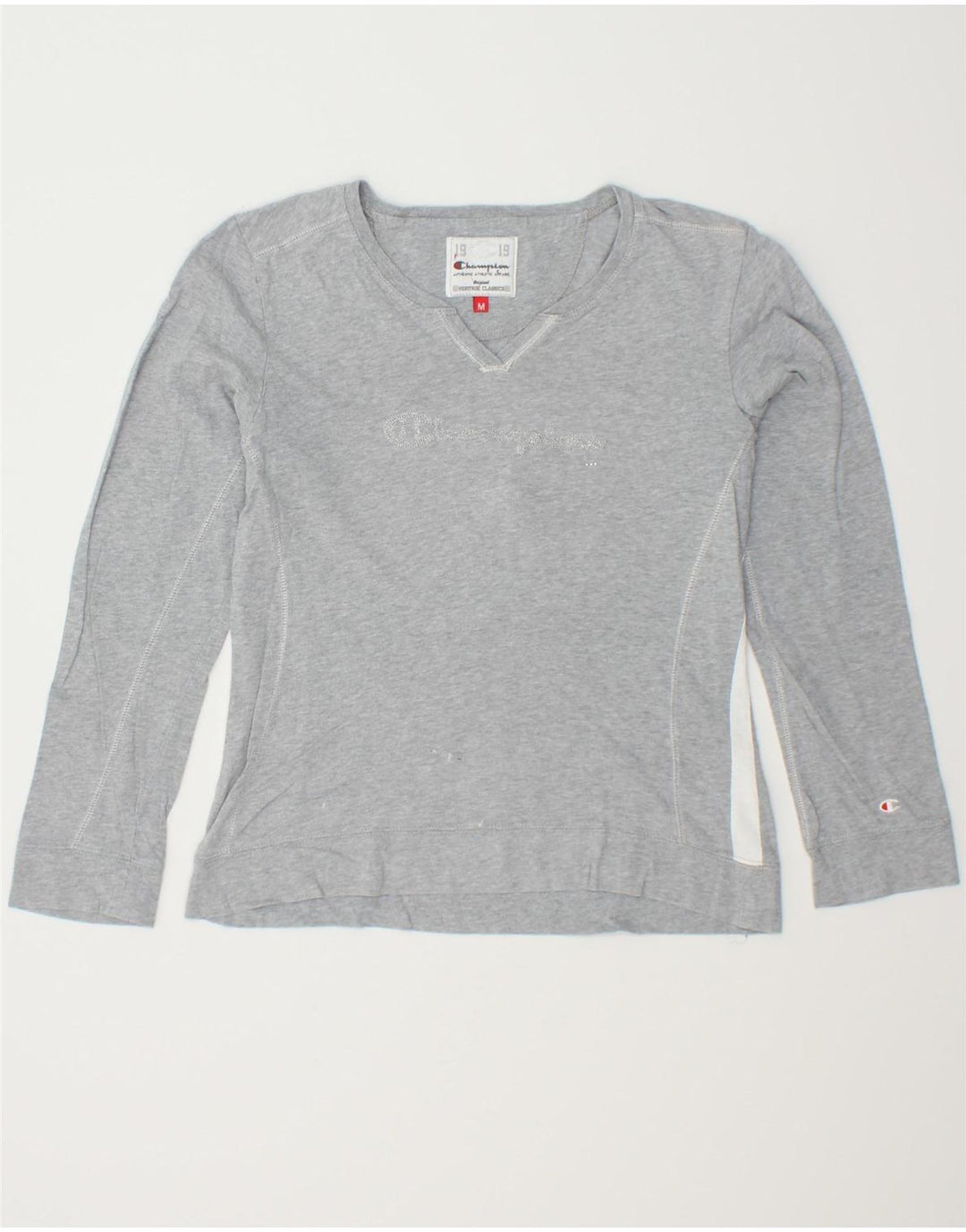 CHAMPION Womens Graphic Top Long Sleeve UK 12 Medium Grey Cotton | Vintage Champion | Thrift | Second-Hand Champion | Used Clothing | Messina Hembry 