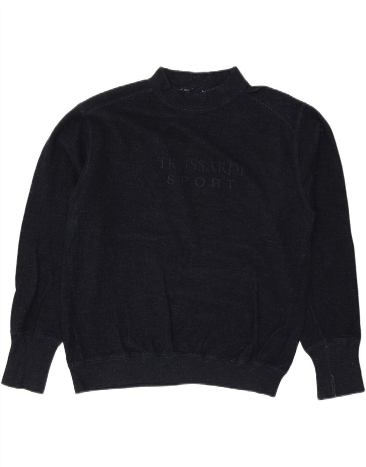 TRUSSARDI Pulover cu grafică pentru bărbați cu gât țestoasă, lână mare, albastru